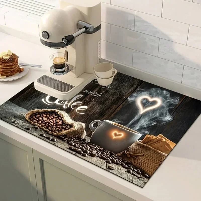 Dark Wood Coffee Bean Heart Steam Print Drying Mat Water Absorbent Non Slip Coffee Station Mat