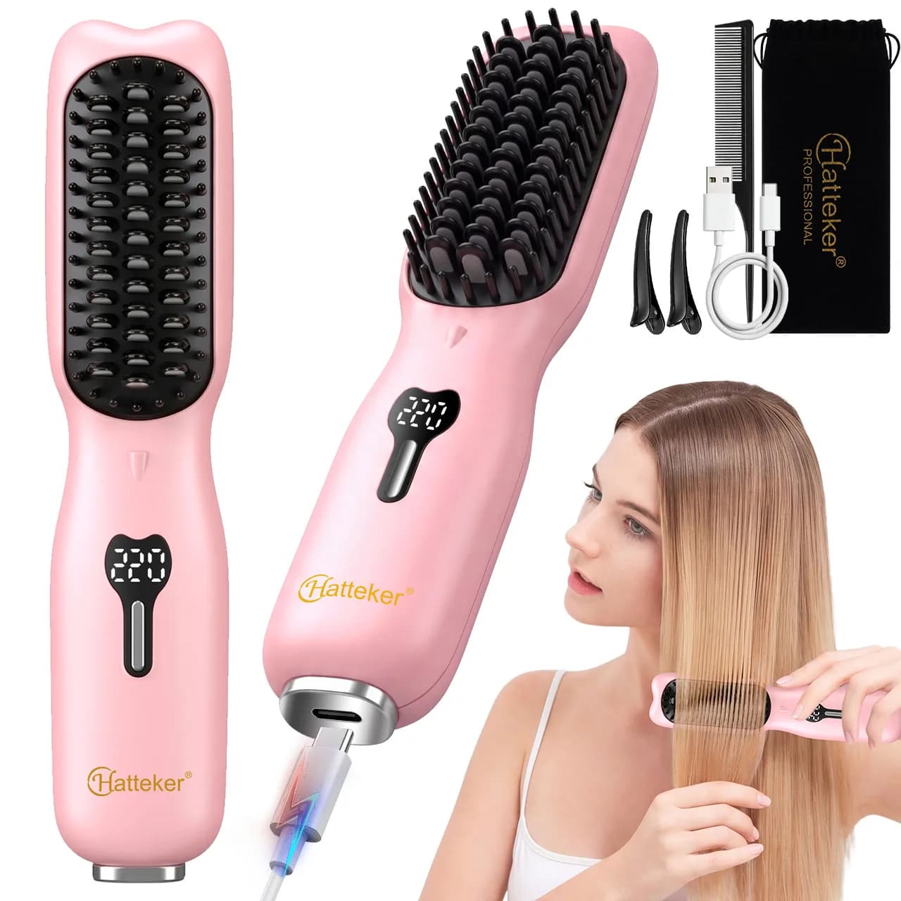 Hatteker Wireless Hair Straightening Comb Portable Multi-temperature Control for Straightening And Curling
