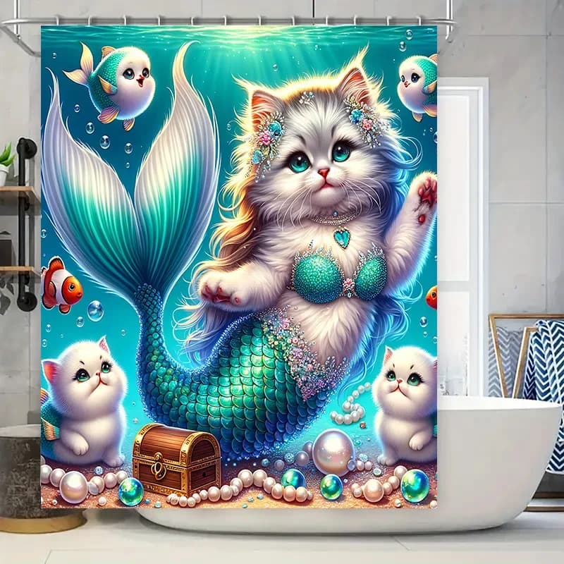 Shower Curtain Mermaid Cat Fish Tail Decoration Waterproof Home Bathroom Accessories Pet Lover Gift Idea