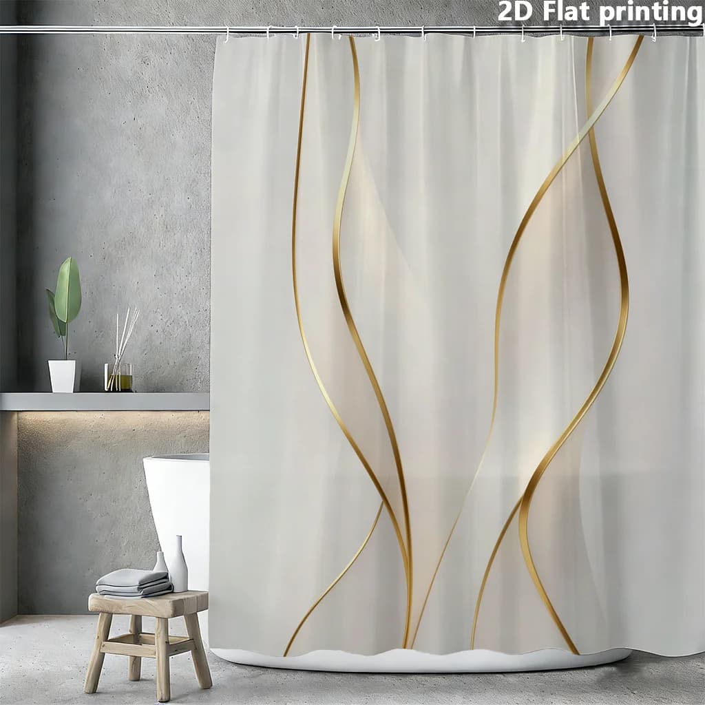 2D Flat, 2D Flat, 1pc 2D Flat Printing Shower Curtain with Golden Wavy Lines on Light Beige Background Suitable for Multiple Sce