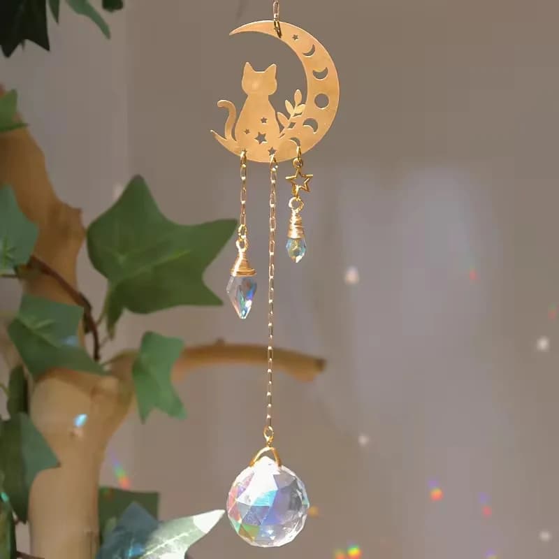 Golden Moon Mushroom Cat Wind Chime Crystal Sun Catcher Pendant Pendant Window Balcony Garden Pendant