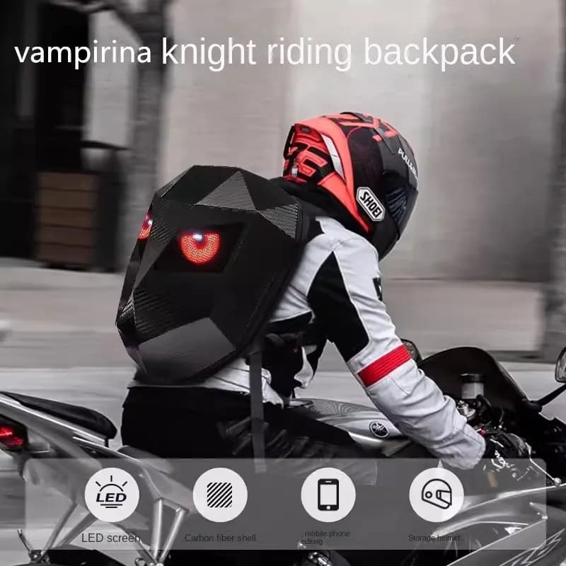 Zaino LED per Motociclisti con Occhi Luminosi, Texture in Fibra di Carbonio, Zaino per Casco, Borsa Scolastica, Zaino per Laptop da Moto