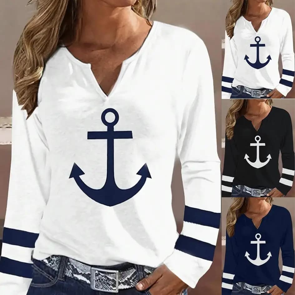 Camicia da donna a maniche lunghe con stampa ancora nautica, colletto alla svedese, T-shirt alla moda in stile europeo per la collezione invernale da donna