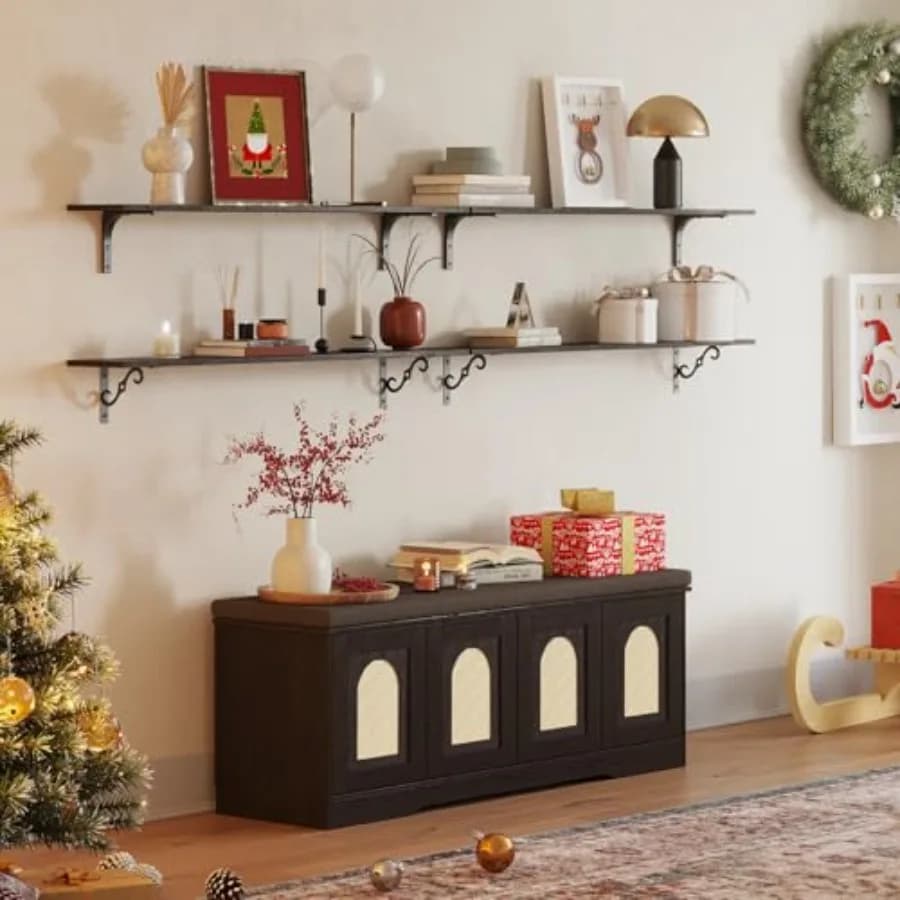 Panca scarpiera Boho per ingresso con ante effetto rattan, cuscino, ripiani regolabili, scarpiera a 2 livelli con seduta, organizer per scarpe in rattan