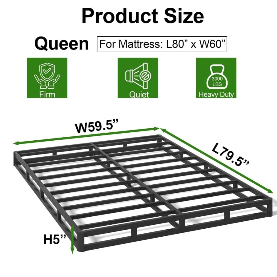 Spring Queen double bed base, 5 inch low profile, 3000 lb durable metal mattress support with fabric coating, easy to mount
