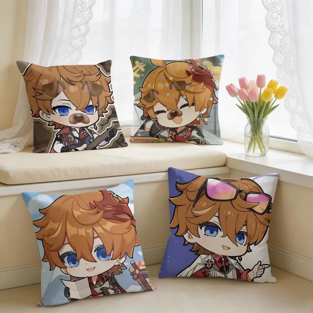Tartaglia Cute Genshin Impact Cushion Cover Square Short Plush Pillow Case Living Room Sofa Home Decor Funda 40X40