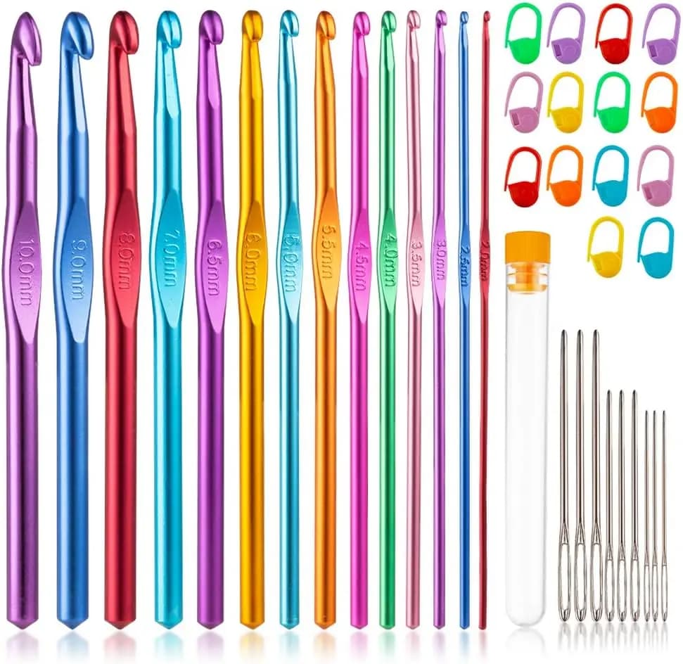 Set di 14 uncinetti da 2.0-10.0mm, aghi in metallo colorati, ergonomici per un lavoro a uncinetto confortevole