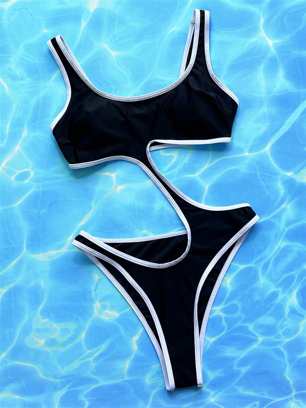 Costume da bagno bikini nero con fasciatura estrema monokini con bordo bianco scava fuori costume da bagno con taglio a gamba alta costume da bagno da donna Y2K