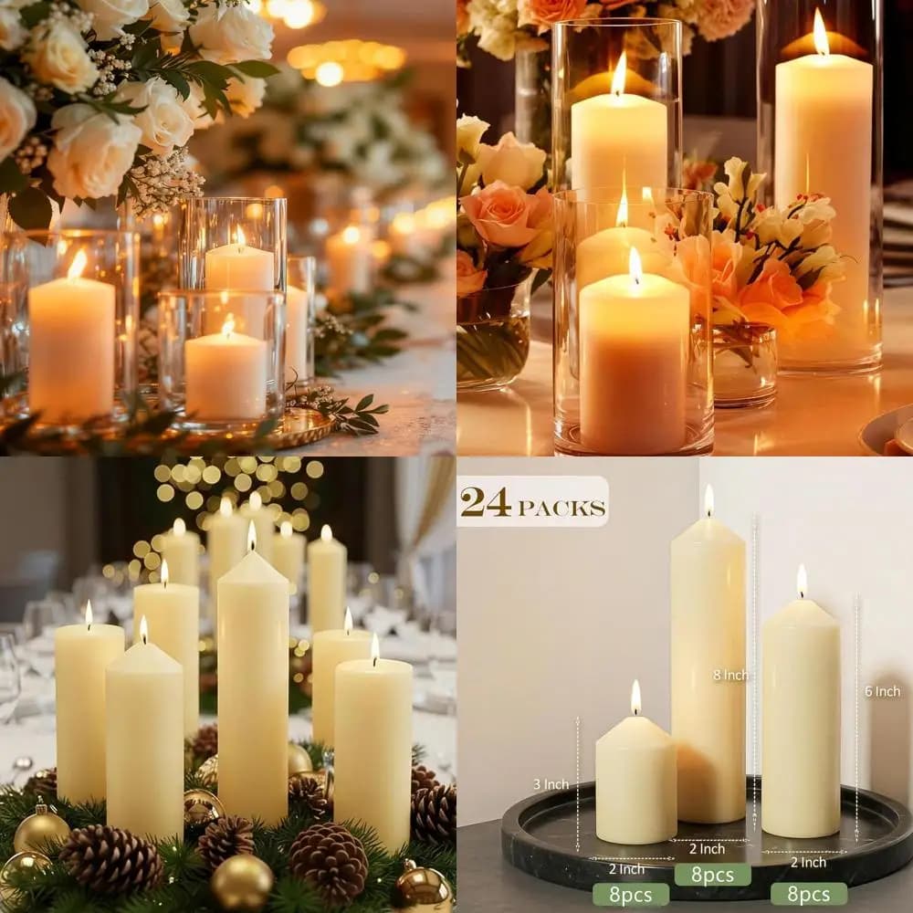 Set of 24 Classical Column Candles No Perfume, Ideal for Weddings, Party and Home Decorations 2x3, 2x6, 2x8