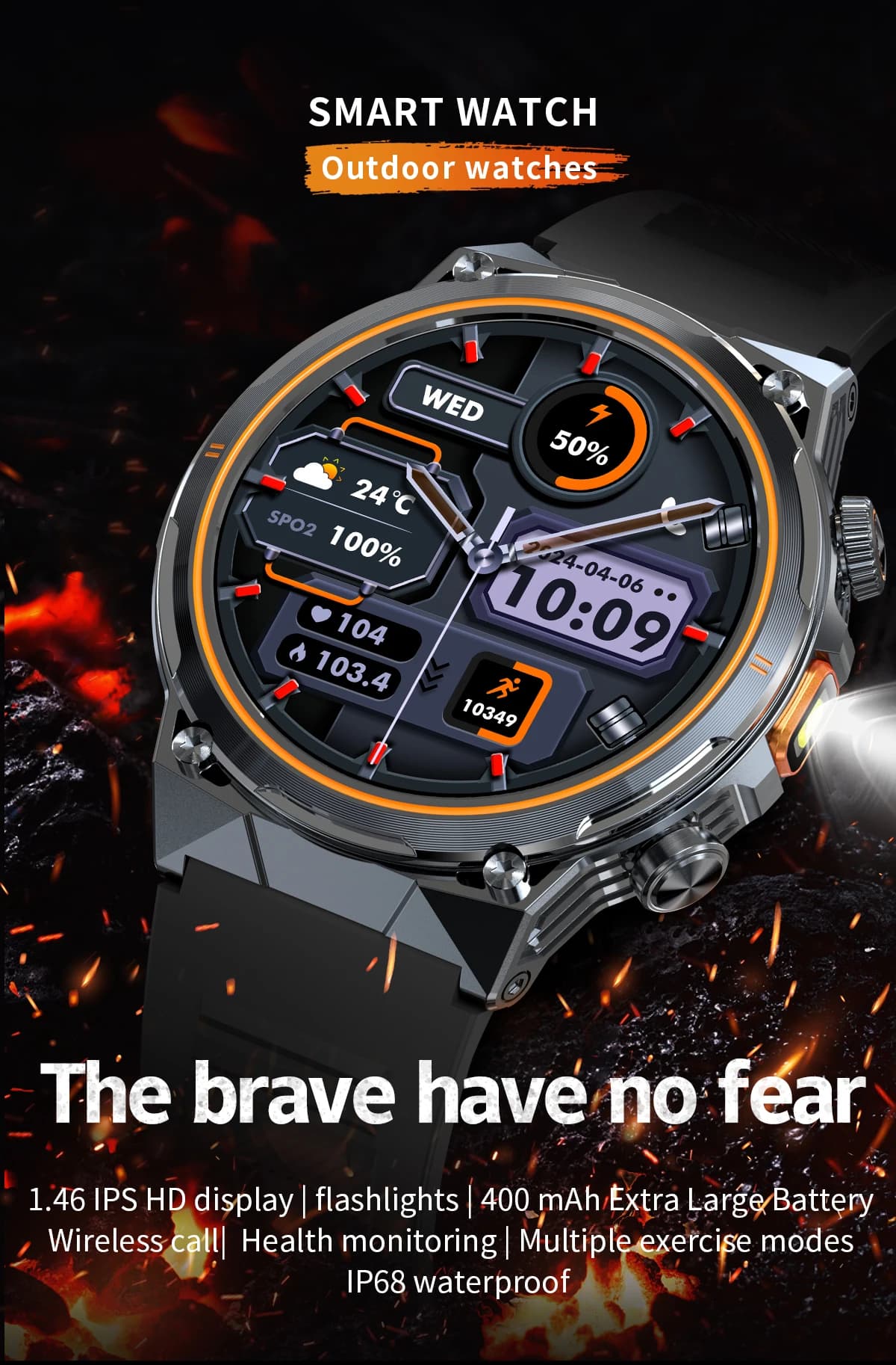 AK81 Smart Watch for Sports IP68 Waterproof 1.46 "round screen BT call torch compass Multiple sport man Smartwatch Tracker