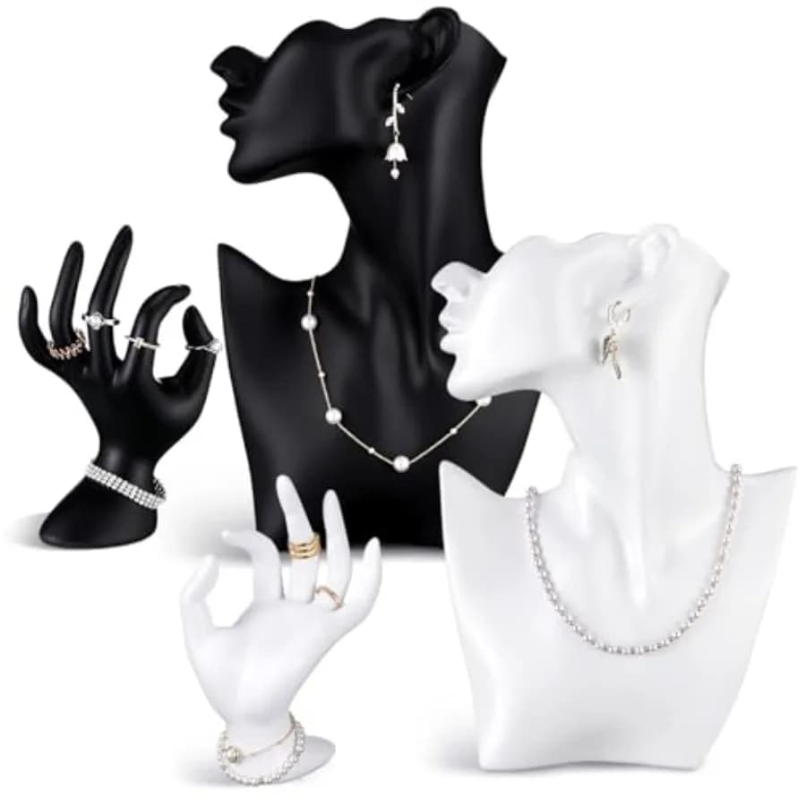 Set di 4 Espositori per Gioielli in Resina, Supporto per Collane e Orecchini, Manichino Femminile con Braccia per Anelli e Bracciali