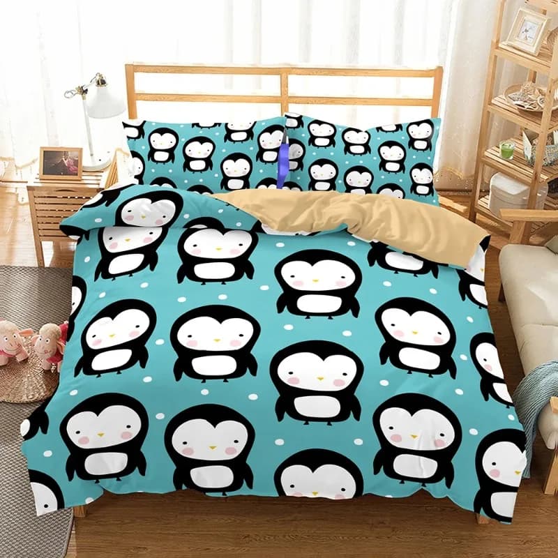 Set copripiumino simpatico cartone animato pinguino HD con federe Set biancheria da letto super morbida e confortevole Comodino per bambini Bella Roupa De Cama