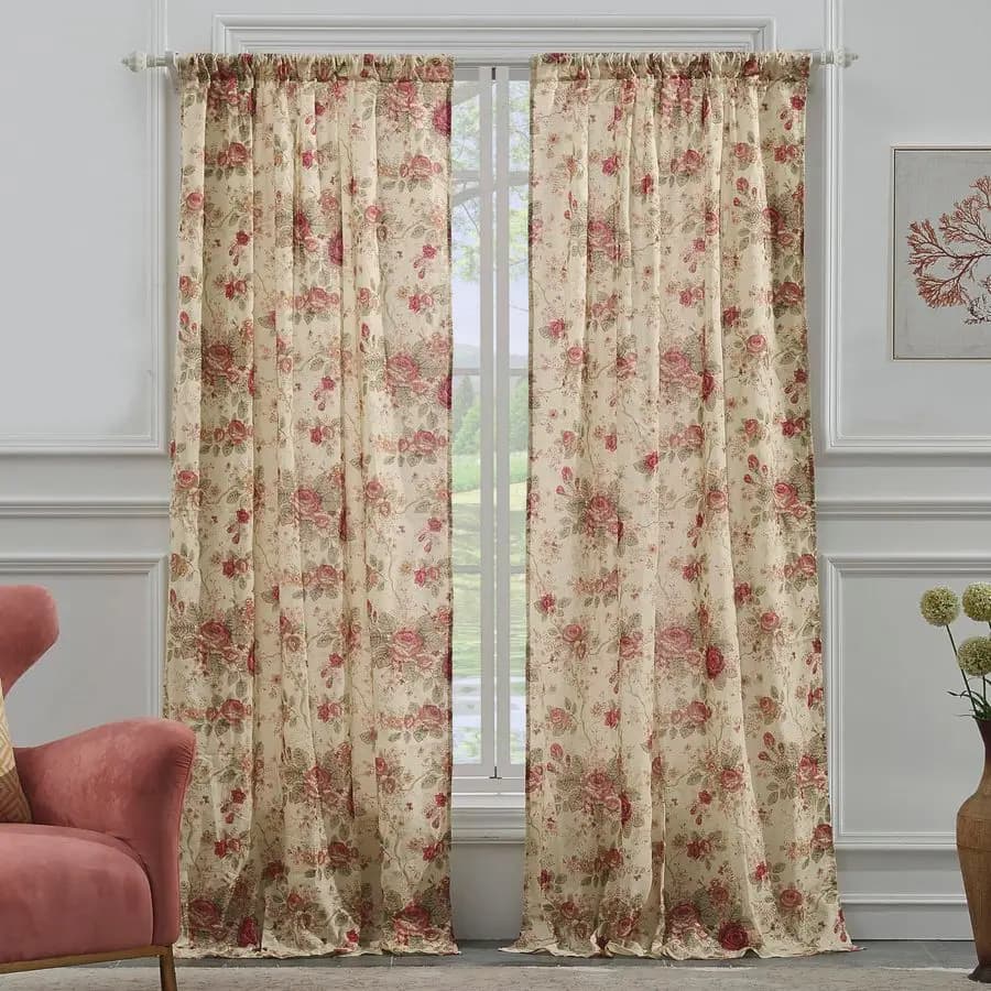 Pair of 100% cotton curtains Home Antique Rose, 42 W x 84 L inches each, set of 2, ecru color