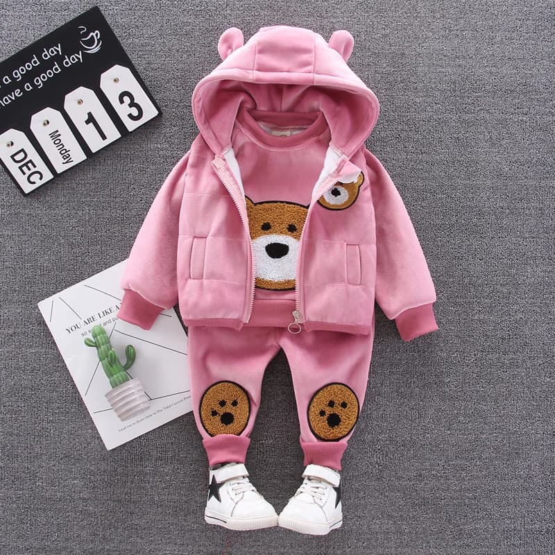 Girls Fleece Bear Ear Hood Vest + Chenille Bear Face Top & Paw Pants 3Pcs Set Kids Warm Winter Outfit 80-130