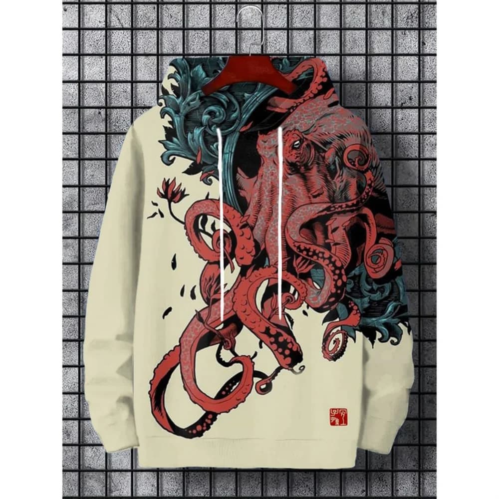 Felpe con cappuccio stampate 3D Harajuku giapponesi per uomo Mountain Cat Tentacolo Graphic Pullover Felpe Casual Allentate con cappuccio a maniche lunghe