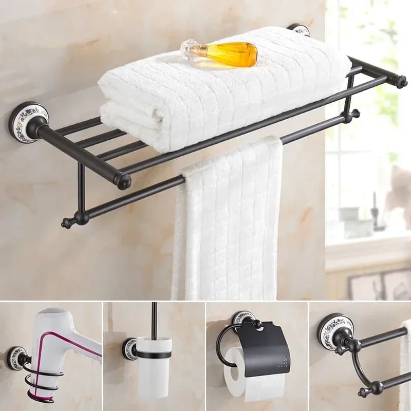 Set di Accessori Bagno Neri in Ottone: Porta Carta Igienica, Lussuoso Porta Asciugamani, Kit Hardware in Ceramica Stile Cinese