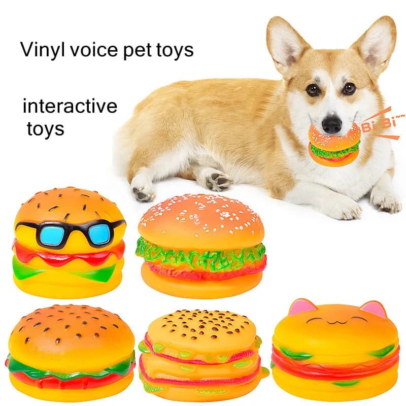 Giocattoli per morso di animali domestici PVC Hamburger da masticare Squeaker interattivo Giocattolo per cani Suono Pulizia dei denti Animali domestici non tossici Cani