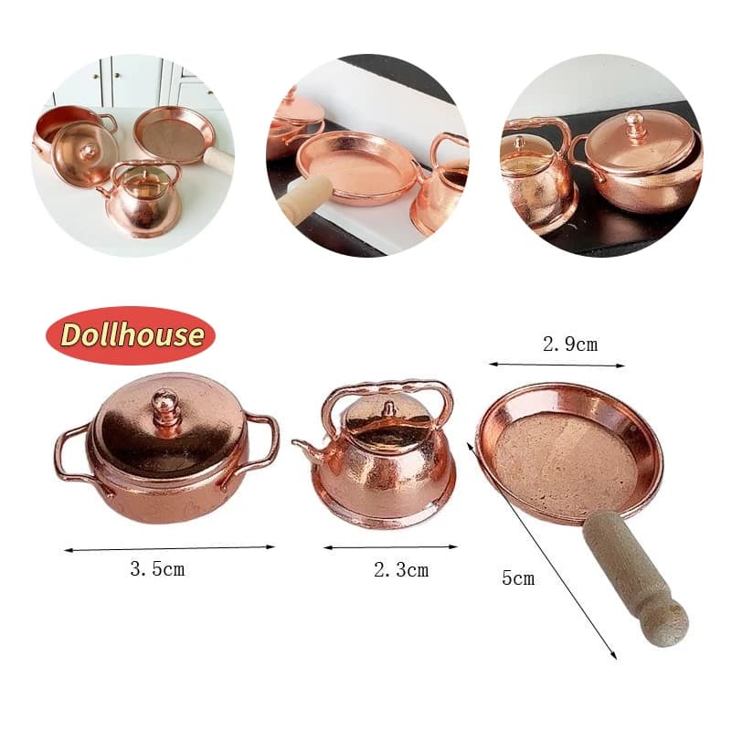 3 pcs/set doll house pan soup pot kettle set doll house kitchen pots decoration doll house living scene accessories