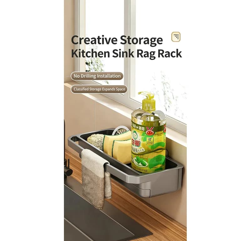 Adhesive Sink Caddy with Towel Bar, No Drill Kitchen Sponge Holder, Rustproof Bathroom Storage Rack with Drip Tray
