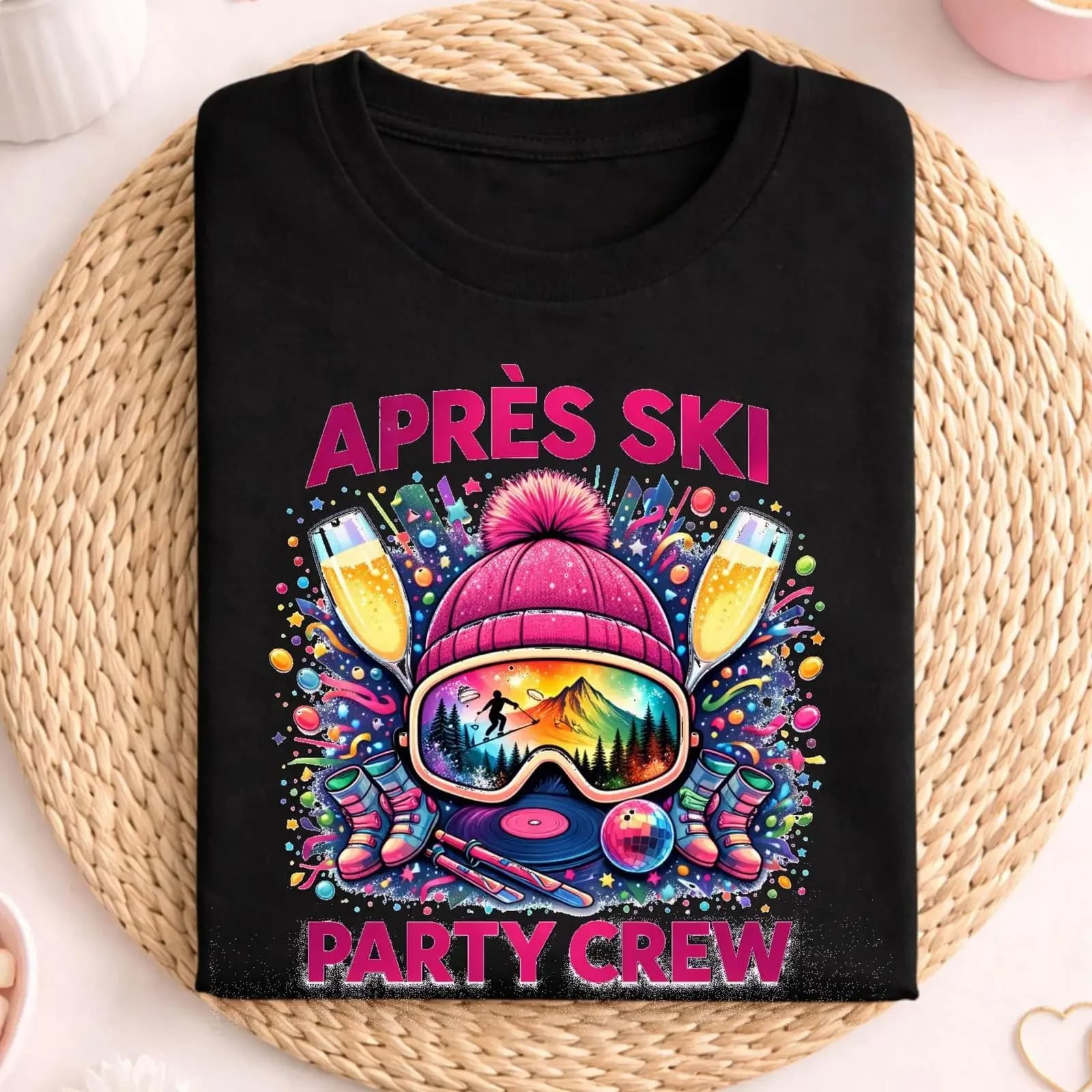 Apres Ski Party Crew T Shirt Neon Winter Goggles Alps Mountain Pattern Group Outfit for Season vintage Washed Stretched