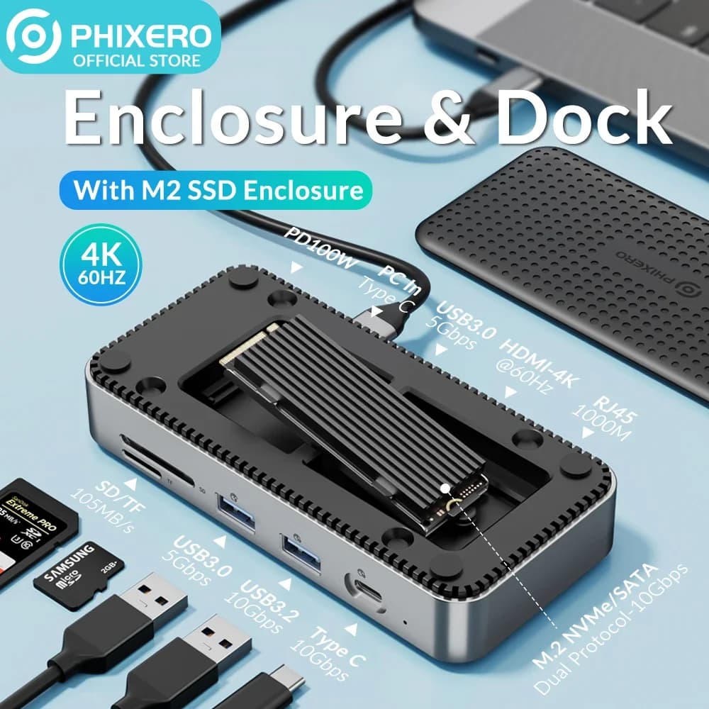 PHIXERO Docking Station USB C con Enclosure SSD M.2 NVMe 10Gbps, HDMI 4K 60Hz, Lettore Schede HDMI-Com, RJ45, HUB PD 100W e Ventola di Raffreddamento