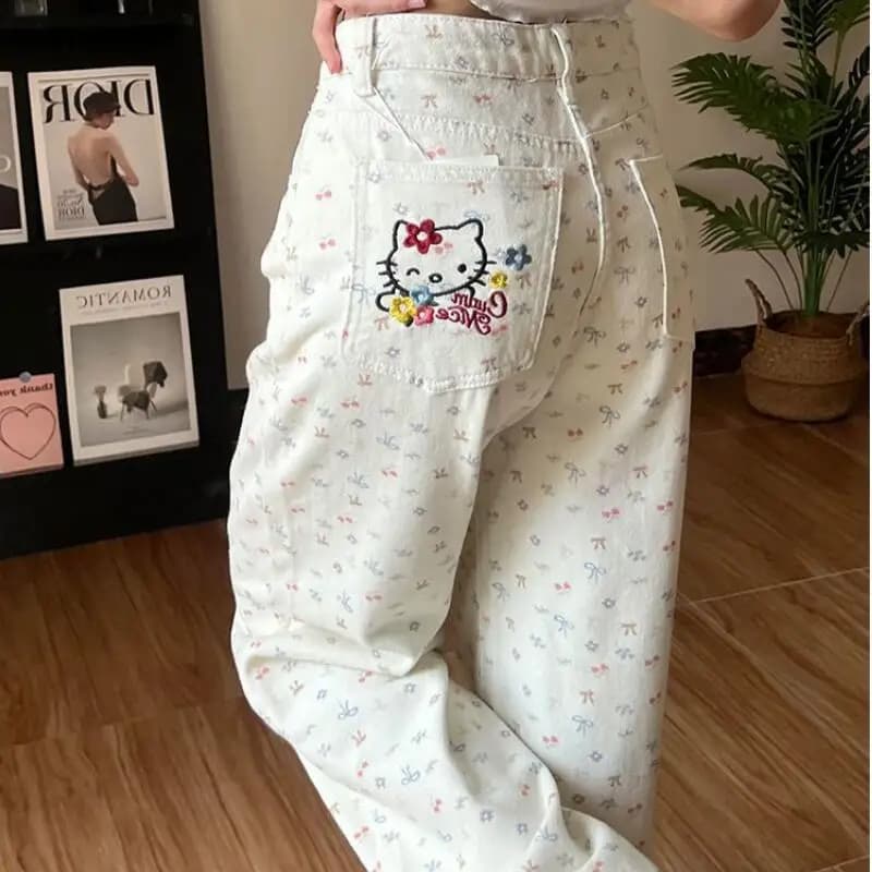 Sanrio Hello Kitty Y2K Jeans Kawaii Cartoon Pantaloni in denim da donna Primavera Autunno Pantaloni larghi versatili Pantaloni casual