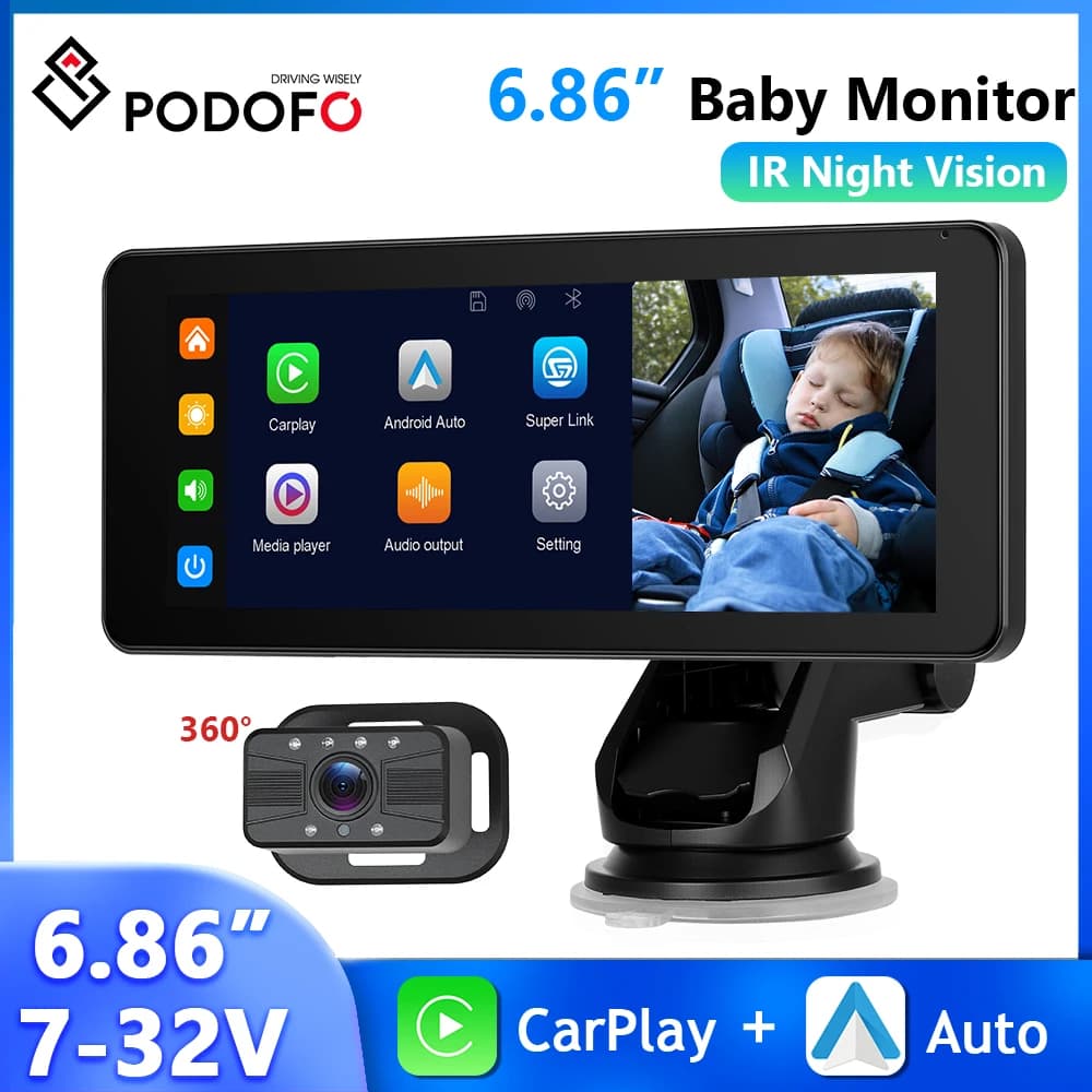 Podofo 6.86 '' Schermo IPS Monitor per auto CarPlay Android Navigazione automatica AirPlay Android Cast Monitoraggio del bambino Telecamera per visione notturna IR