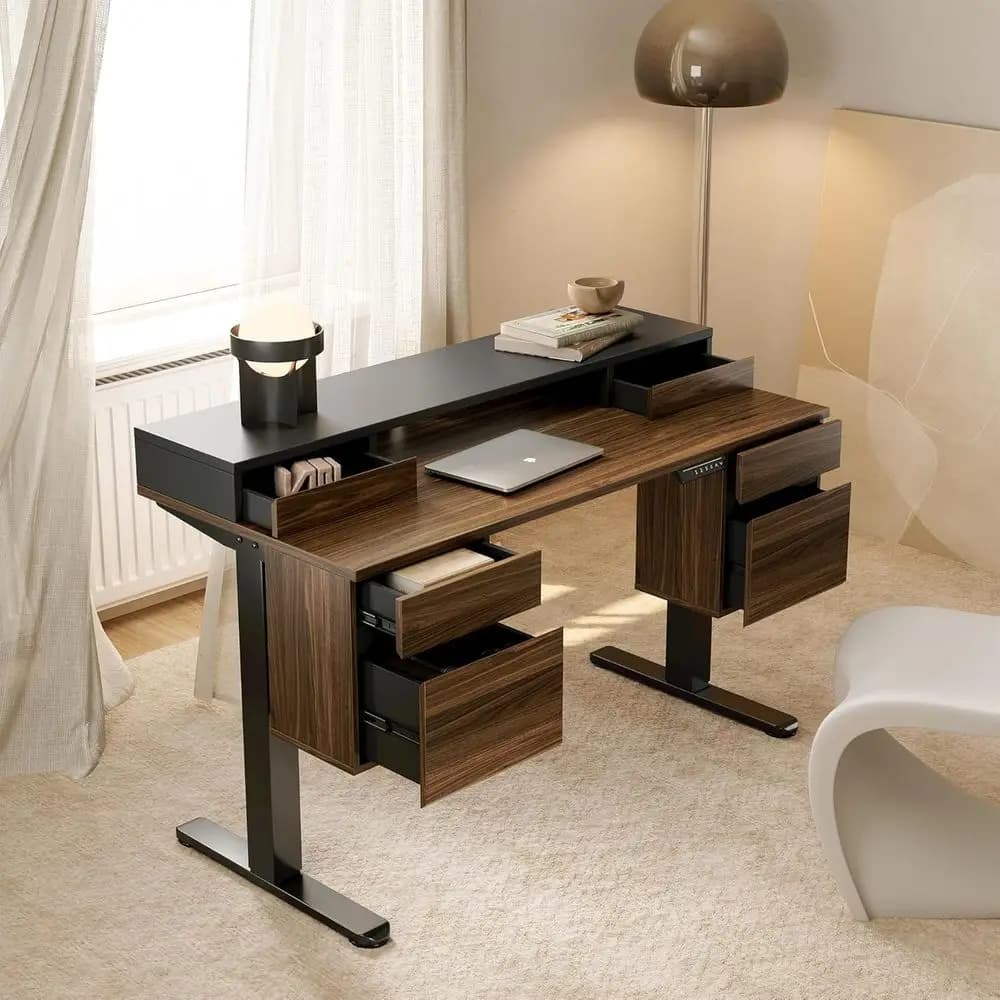 Scrivania Regolabile in Altezza con 6 Cassetti e Spazio di Archiviazione, 55 Pollici, in Noce Nero, Compatibile con Supporti per Monitor per Ufficio Domestico