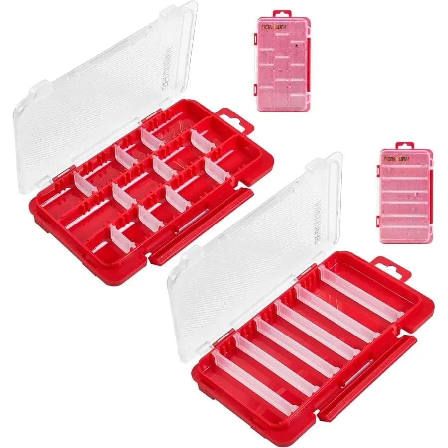 Small Flat Storage Parts Organizer 2Pcs Red Portable Transparent Plastic Small Parts Tool Box with Removable Dividers for Effic