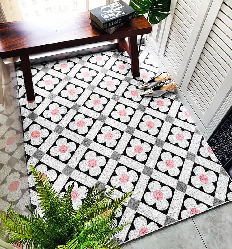 Pink Flower Plaid Pattern Doormat Large Entryway Rugs Non-Slip Front Door Mats Outdoor Indoor Waterproof Easy Clean Entrance Mat