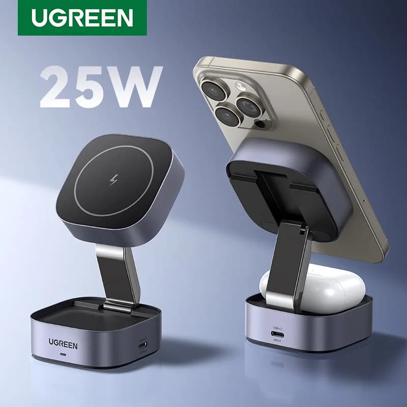 UGREEN 25 W Magnetic Wireless Charger Support 2 in 1 for iPhone 16 15 Pro Max/AirPods for Magsafe Quick Charger