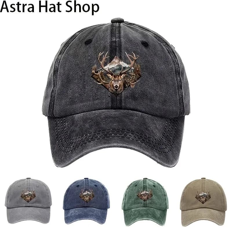 Deer Elk Head Print Washed Baseball Cap Vintage Outdoor Adjustable Cotton Sun Hat