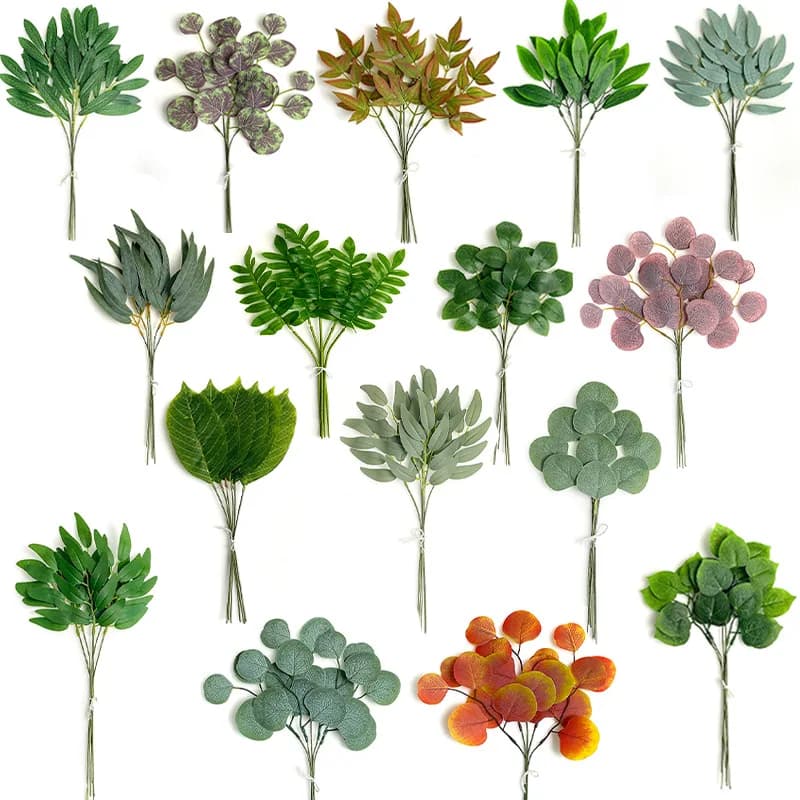 10 pezzi steli di foglie di eucalipto artificiale, semi bianchi pianta verde foglie di eucalipto rami verdi finti, decorazioni per il giardino di casa
