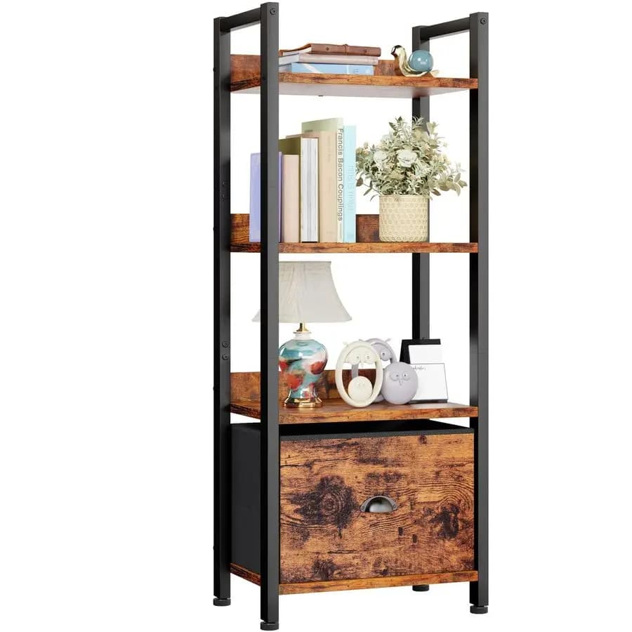 Scaffale per libri a 4 livelli con cassetto, libreria alta con ripiani, organizer per riporre scaffali stretti, espositore in legno e metallo