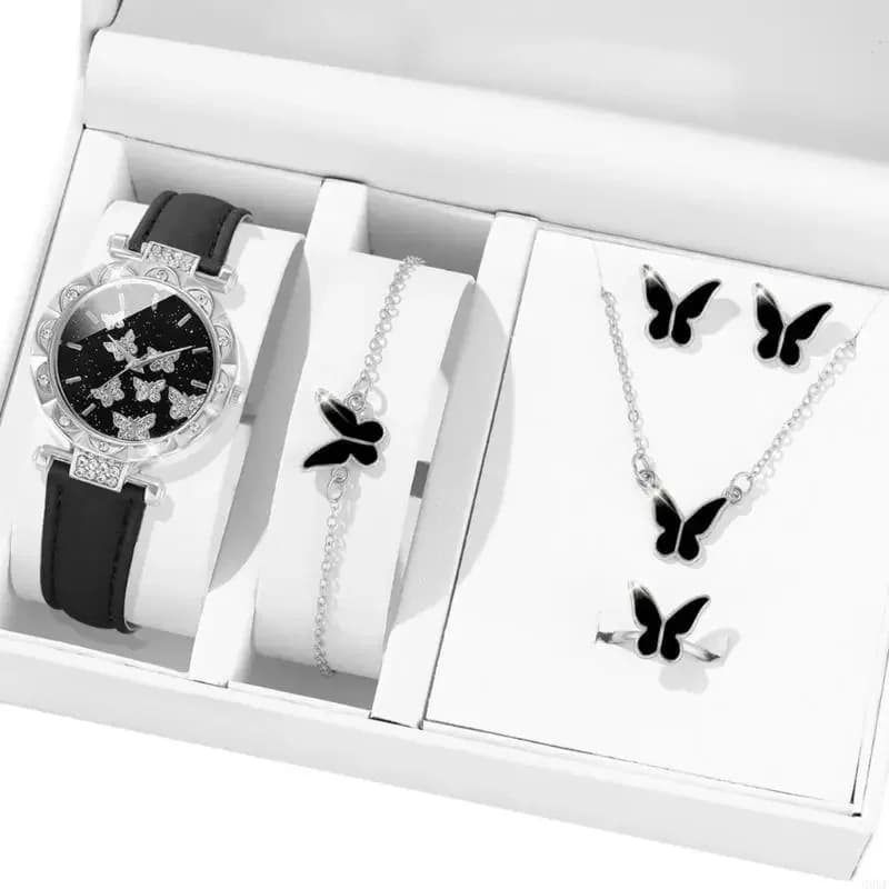 Set gioielli farfalla (senza scatola) Donne orologio femminile Orologi per orologi in pelle Orecchini Regalo per matrimoni