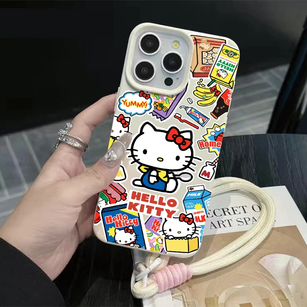 Custodia Morbida di Lusso Hello Kitty con Motivo Litchi e Laccetto per iPhone 16 Air 17 15 14 13 12 11 Pro Max XS X XR 17Pro
