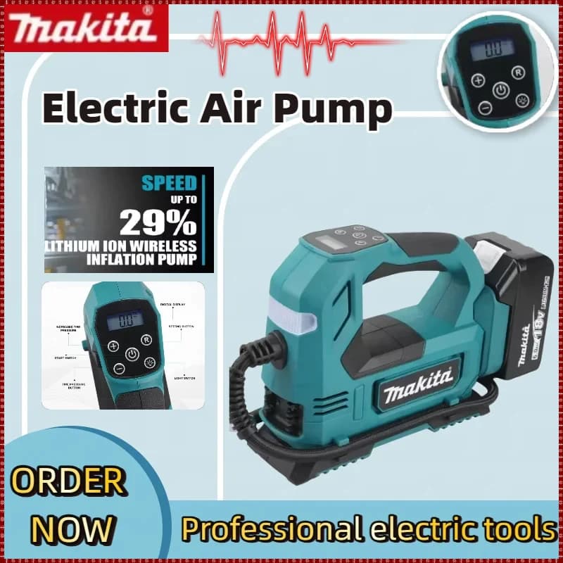 Compressore d'Aria Portatile Makita Senza Fili con Display Digitale per Auto e Moto, Gonfiatore Cordless a Ioni di Litio