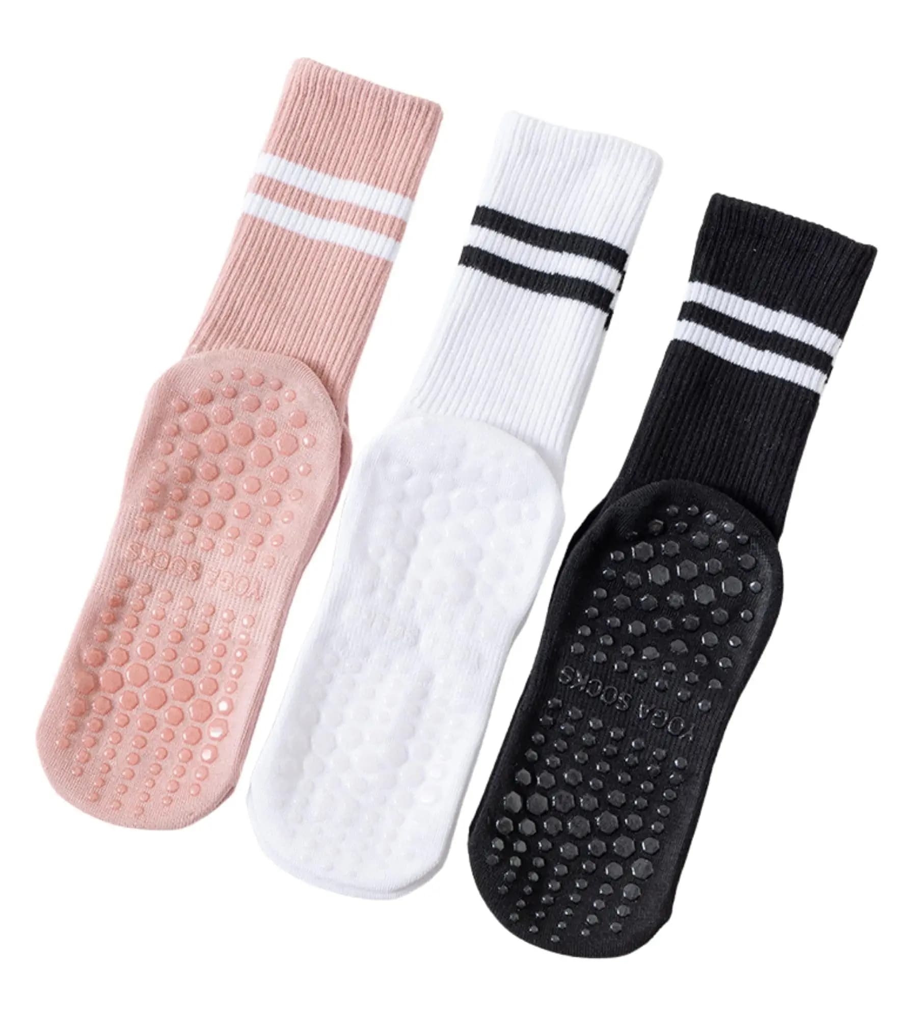 3pairs Pilates Socks With Grips for Women:Cute Non Slip Crew Gripper Yoga Sock-Grippy Sticky for Hospital/Dance Barre/Workout