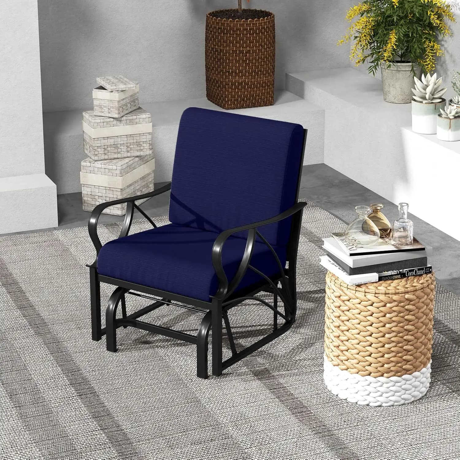 Sedia a dondolo da esterno, sedia a dondolo da patio con cuscino spesso, struttura in metallo robusta, braccioli curvi, design ergonomico, personalizzabile