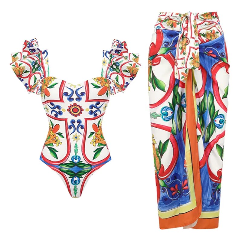 2025 Nuovo costume da bagno con volant a spalla in 2 pezzi con copertura Costumi da bagno donna sexy Push Up Biquini Costume da bagno Body Beachwear Dress