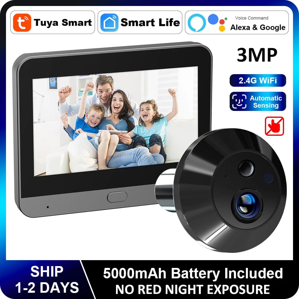 Mini Vita Intelligente Tuya 3MP 140 ° Ampia visualizzazione 2.4Ghz WiFi Magic Door Spioncino Eye PIR Spioncino digitale Telecamera a batteria Alexa Google