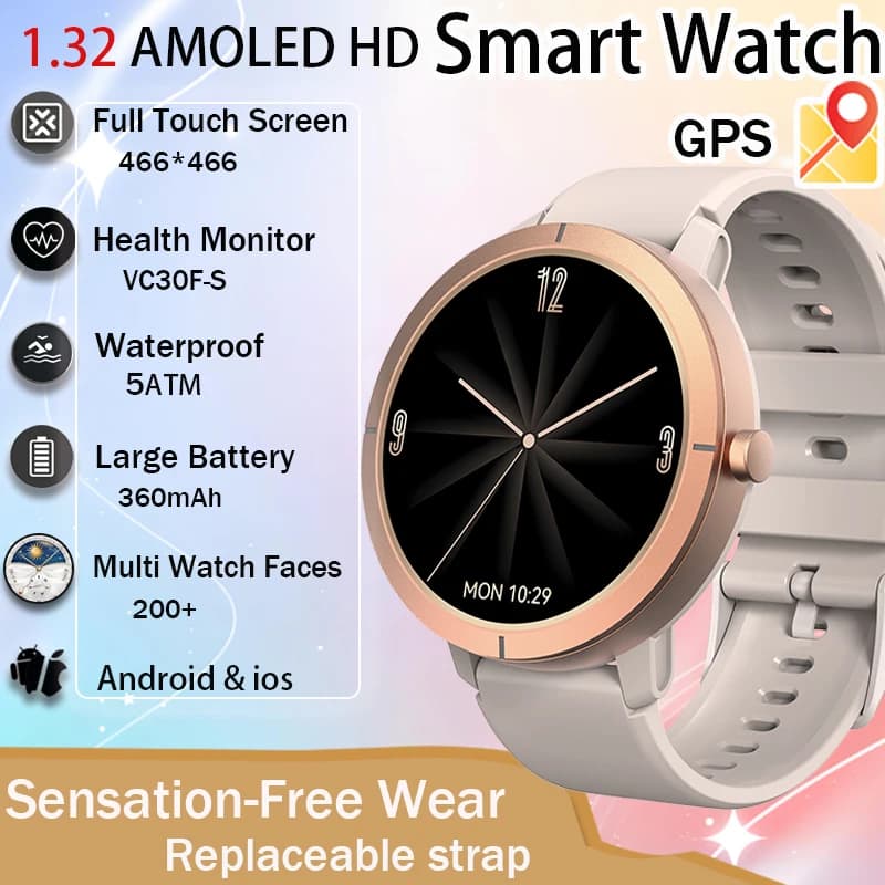 2026 GPS Smart Watch AMOLED 1.32 HD BT Call 5ATM Waterproof 170 Sport Modes 360mAh Large Battery Replaceable Strap Smart Watch