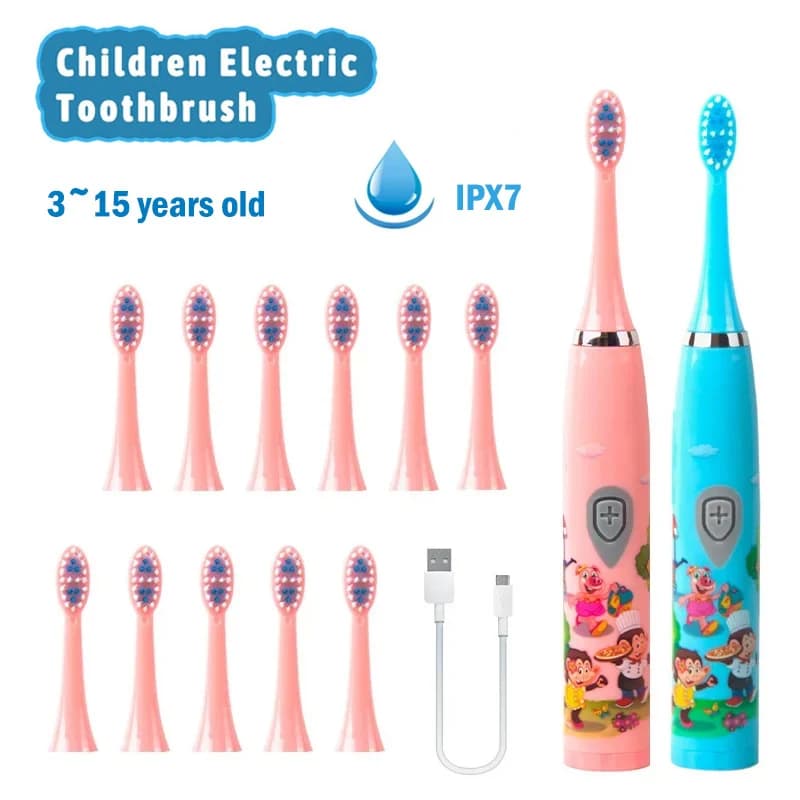 Sonic Bright Cartoon Children's Electric Toothbrush with Brush Replacement Heads for Soft Hair Rechargeable Oral Cleaning