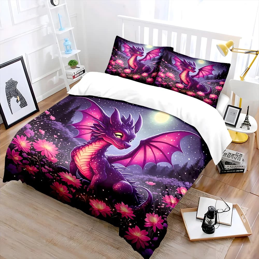Set di biancheria da letto con stampa drago viola in fiori illuminati dalla luna, 1 copripiumino, 2 federe per adulti e bambini, regalo di lusso, misura completa