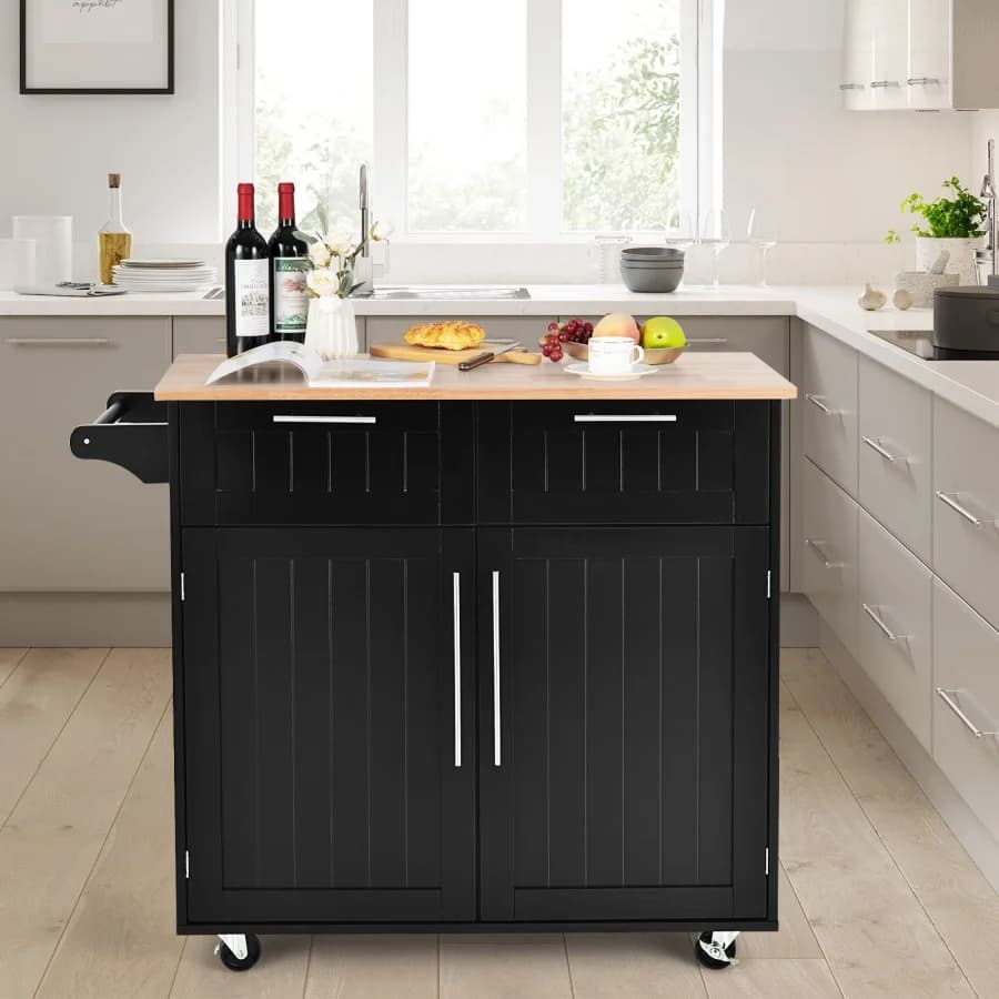 Carrello da Cucina su Ruote, con Portasciugamani Laterale, 2 Cassetti, Armadietto a 2 Ante, Carrello Portaoggetti con Piano in Legno di Gomma