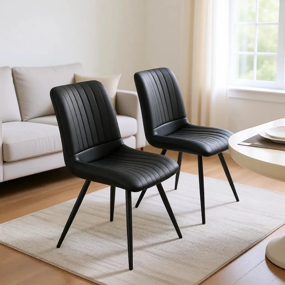 Set of 2 Modern Dining Chairs with Cushions, Leather Upholstered Chairs with Metal Legs for Home Dining Room