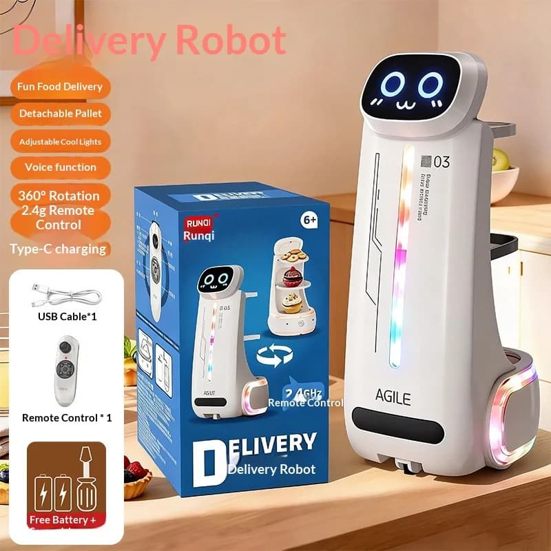 Robot di Consegna RC Agile 03 con Doppio Vassoio, Funzione Vocale, Luci Colorate ed Effetti Sonori, Giocattolo Educativo Interattivo per Bambini, Regalo