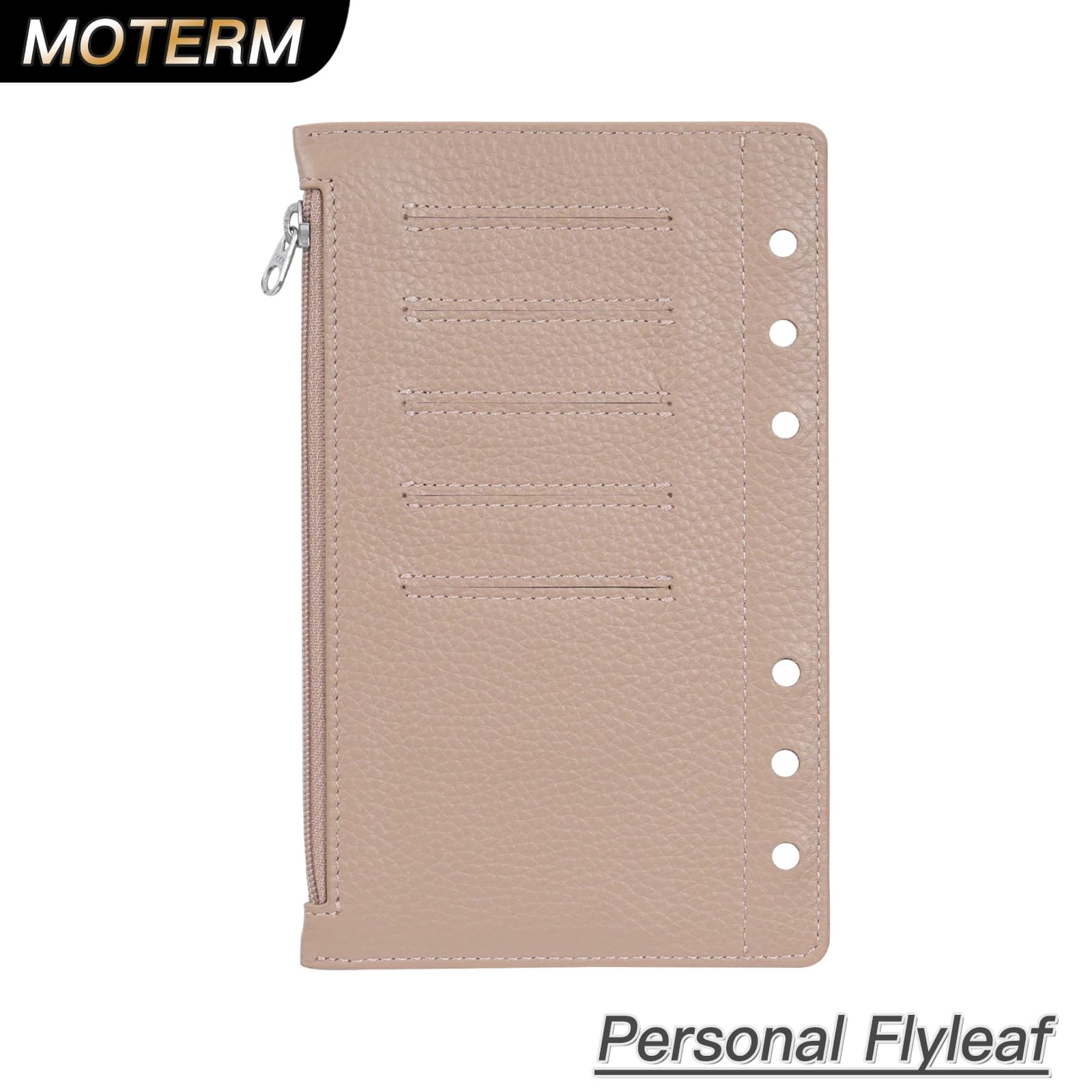 Moterm Zipper Flyleaf per Agenda ad Anelli Formato Personale, Divisorio in Vera Pelle Martellata, Portamonete, Accessorio per Notebook