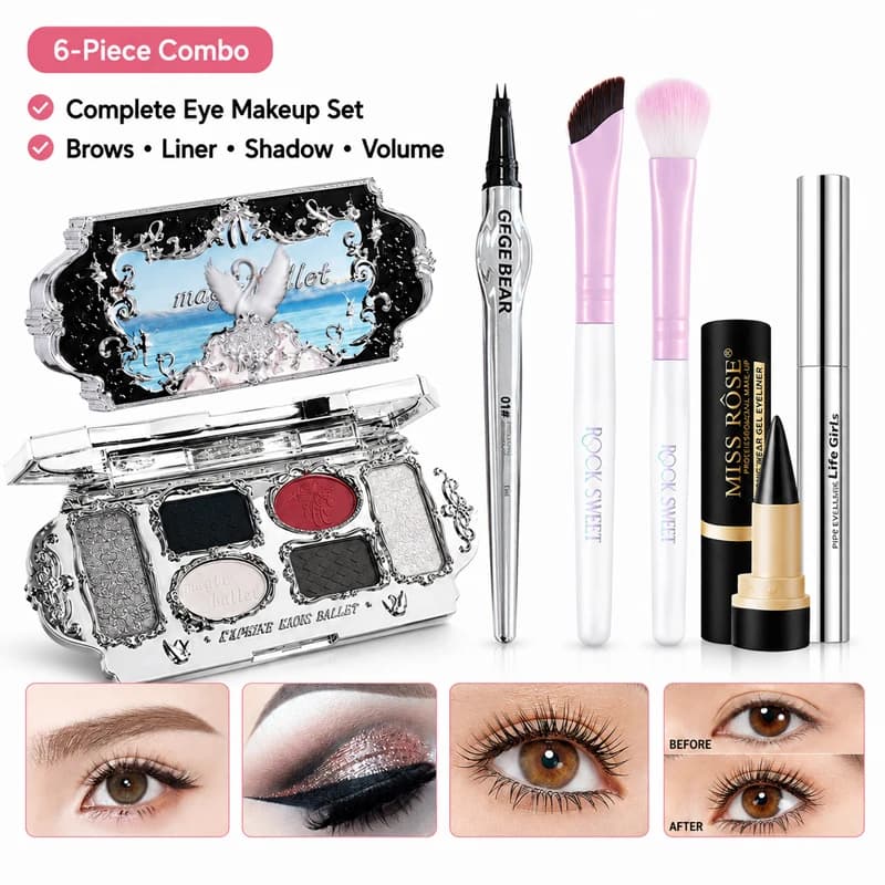 6-piece eye make-up kit for women, opaque and brilliant eye shadow palettes, eyebrow pen, 2 make-up brushes, long-lasting gel eyeliner and primer set for mascara eyelashes, waterproof cosmetic set and proof for beginners, gift for everyday look.