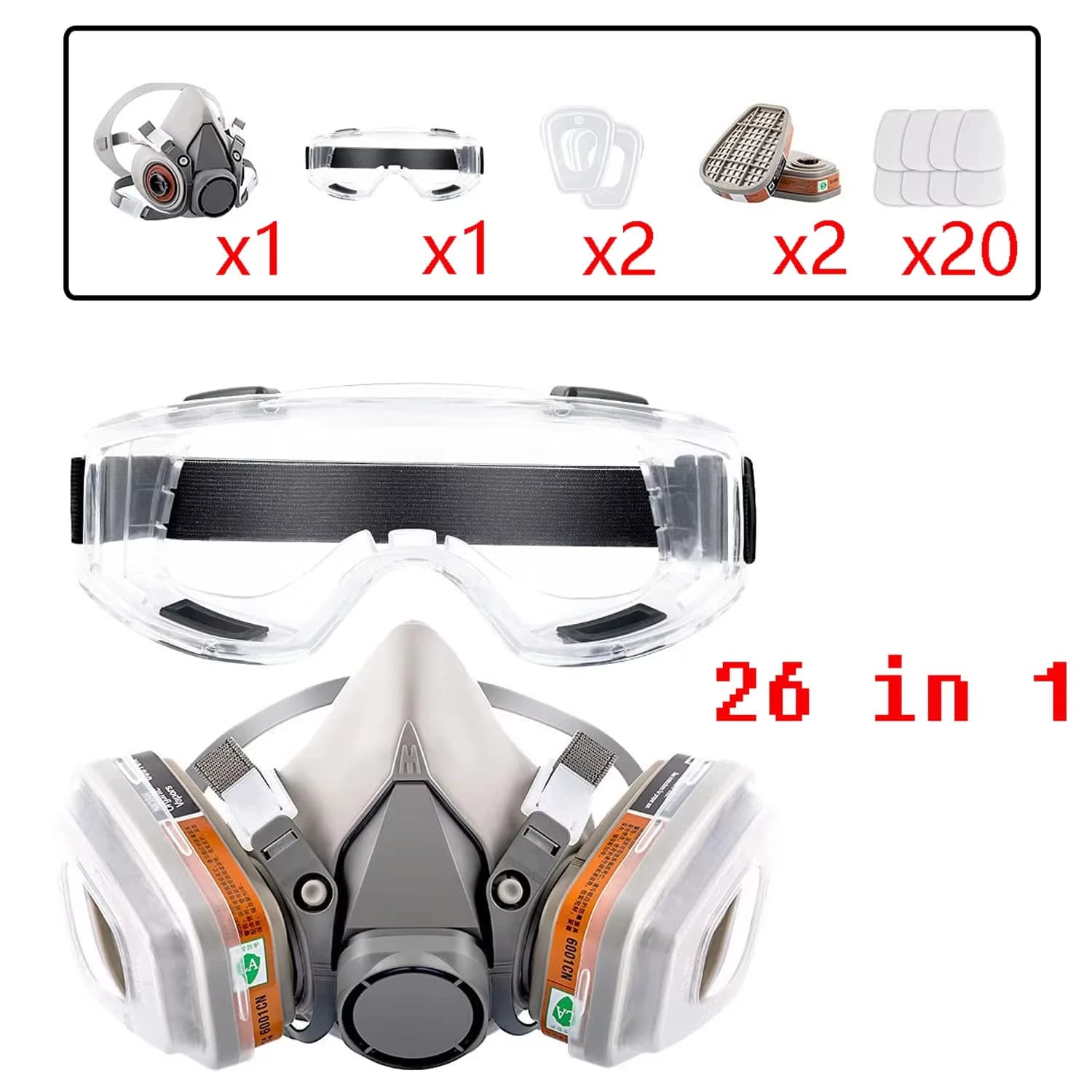 Respiratore con maschera antigas a mezza faccia 26in1 6200 con occhiali di sicurezza antiappannamento Protezione multi-filtro per verniciatura e saldatura
